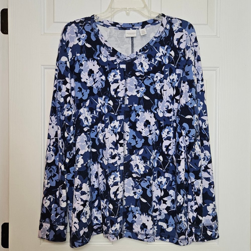 3 (14/16) Weekends Chico's V Neck Pockets Tunic Terrycloth Navy Blue Lavender XL